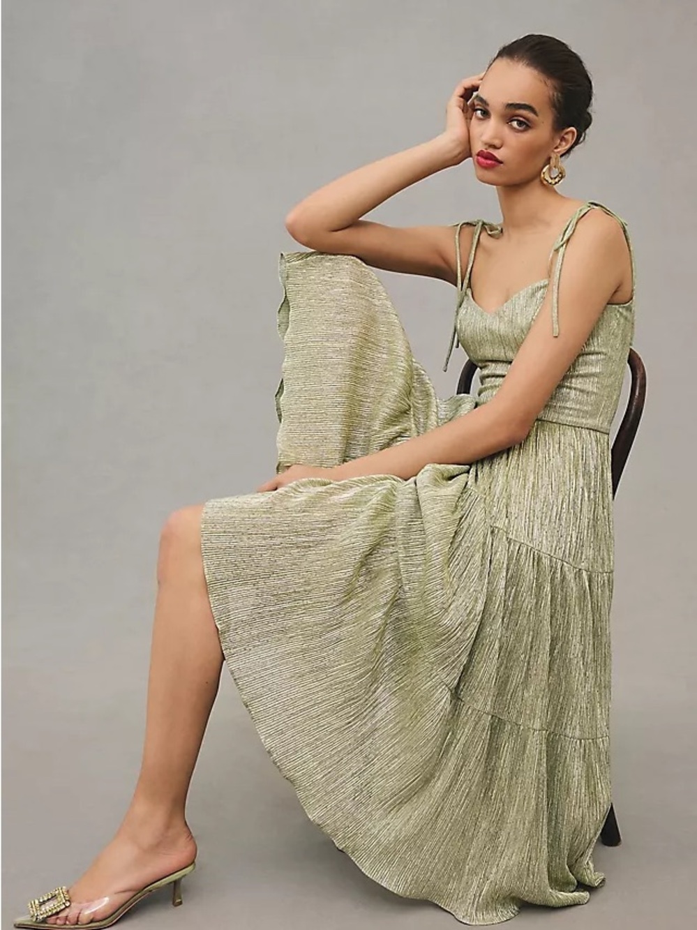 Anthropologie Dress The Population Sage Tie-Shoulder Midi Dress